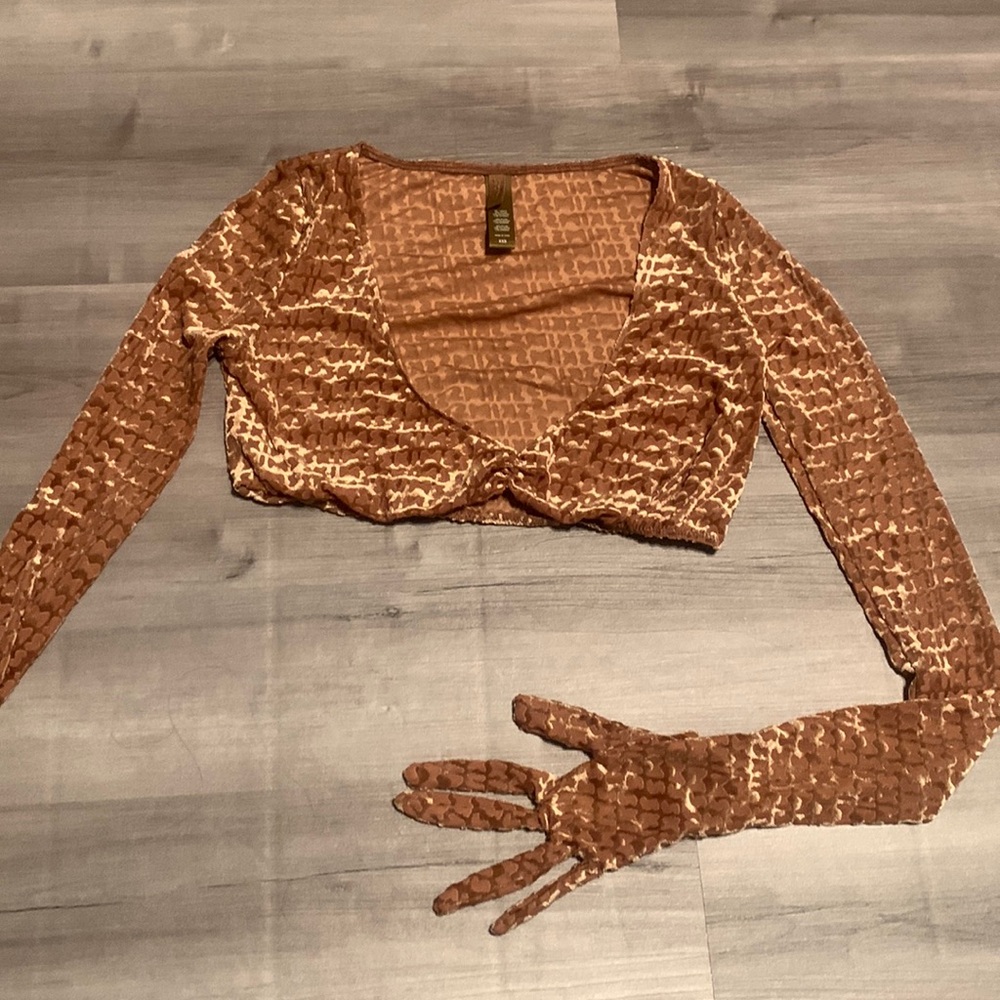 SKIMS logo velour/mesh long sleeve crop top in the shade “sienna”